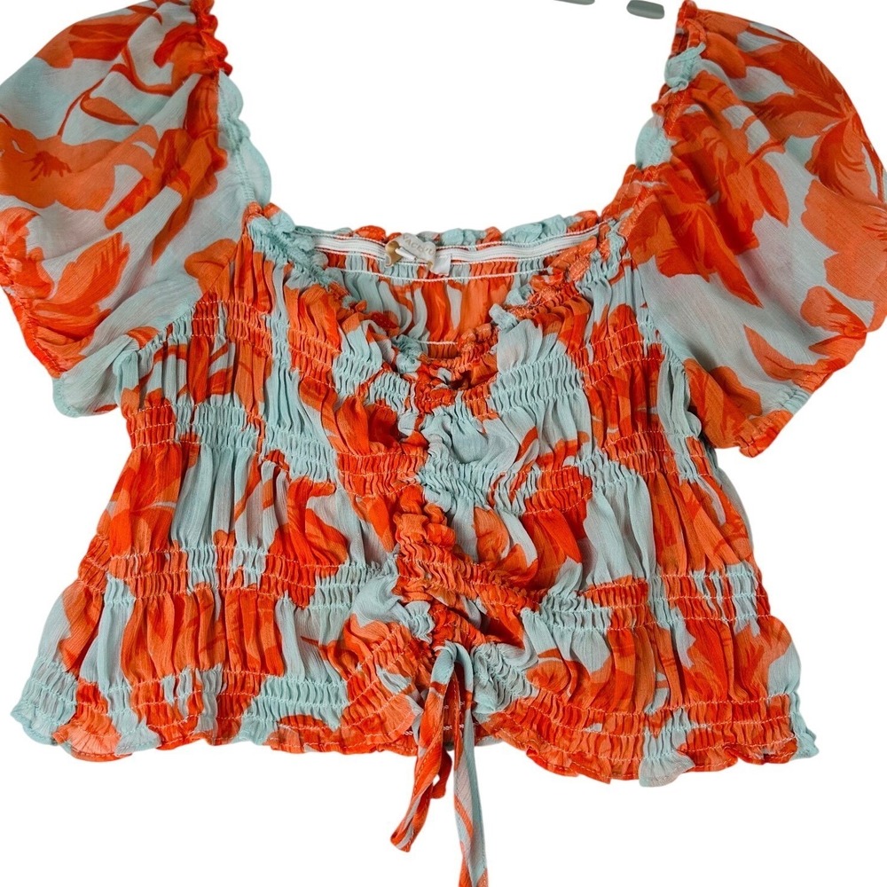 Olivaceous Anthropologie Floral Crop Top Large Orange Blue Euro Summer Coquette - Picture 4 of 8
